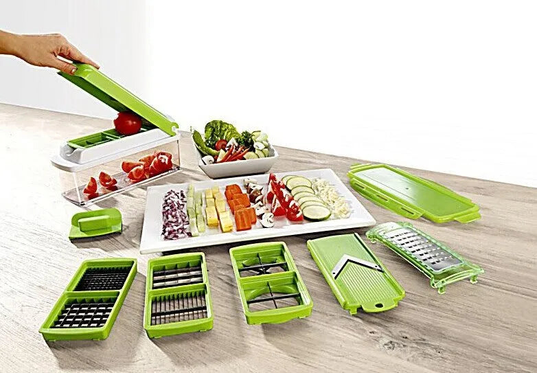 Green manual food chopper set with stainless steel blades, showing 12 pieces including handle and accessories.