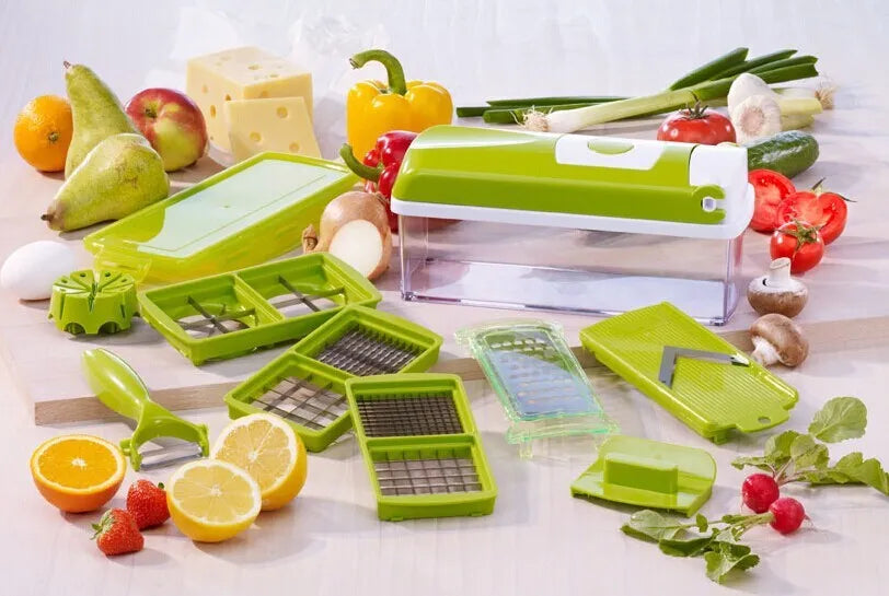 Green manual food chopper set with stainless steel blades, showing 12 pieces including handle and accessories.
