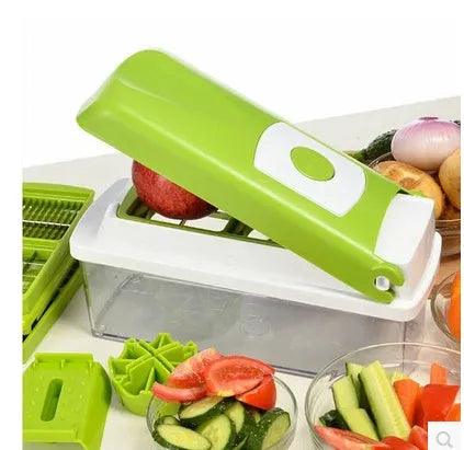 Green manual food chopper set with stainless steel blades, showing 12 pieces including handle and accessories.