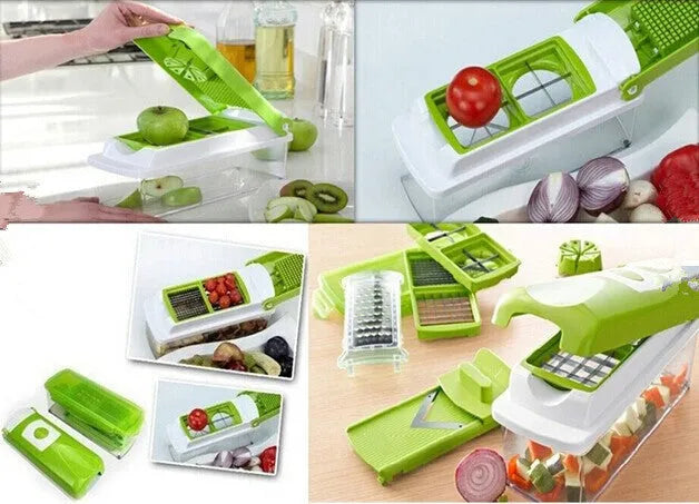 Green manual food chopper set with stainless steel blades, showing 12 pieces including handle and accessories.