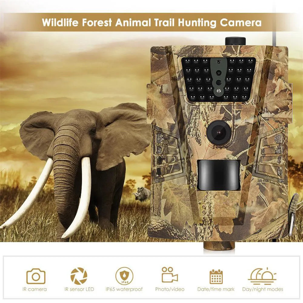 Wireless outdoor anti-theft security camera shown with mounting belt and 4 AA batteries