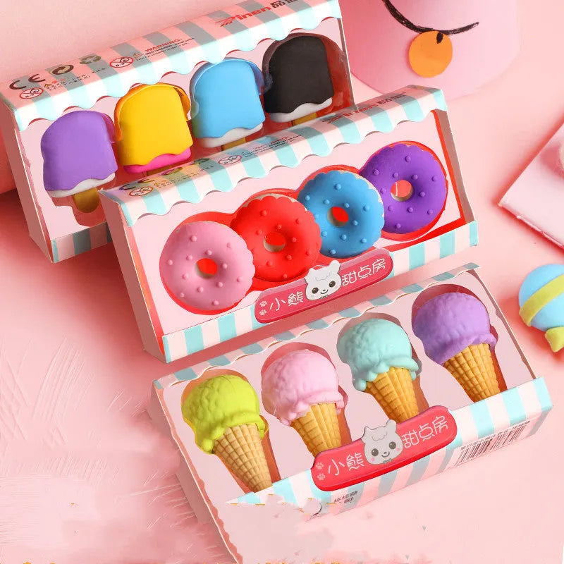 Set of 12 cartoon food erasers including cones, ice cream, donuts, and lollipops for children.