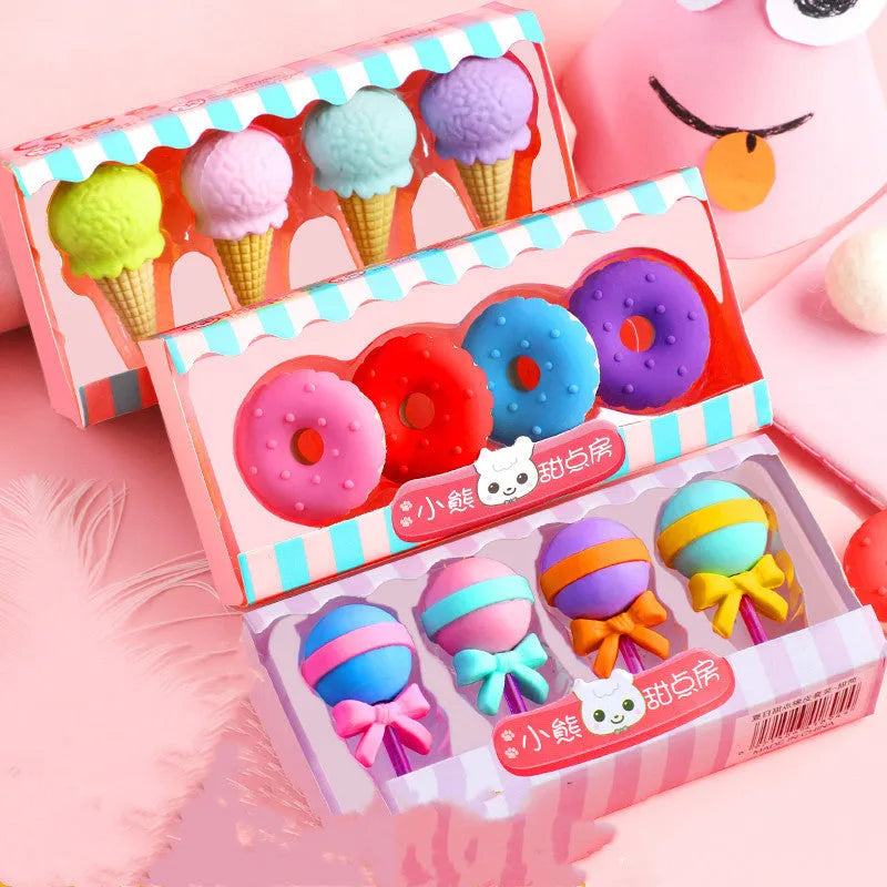 Set of 12 cartoon food erasers including cones, ice cream, donuts, and lollipops for children.