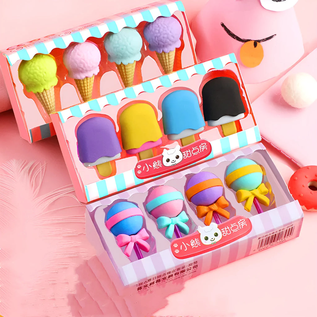 Set of 12 cartoon food erasers including cones, ice cream, donuts, and lollipops for children.