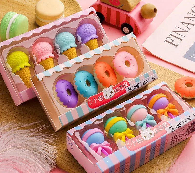 Set of 12 cartoon food erasers including cones, ice cream, donuts, and lollipops for children.