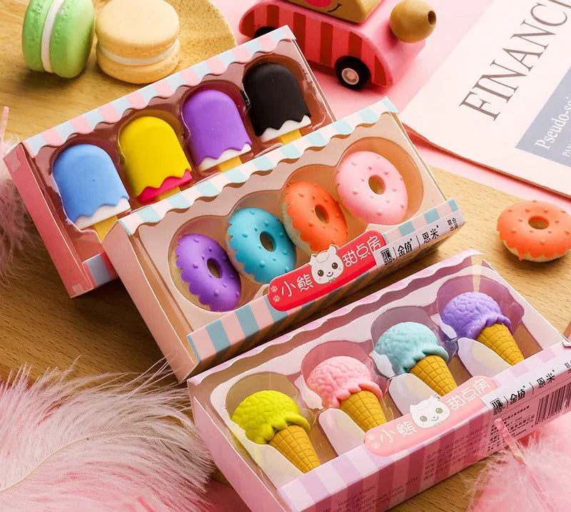 Set of 12 cartoon food erasers including cones, ice cream, donuts, and lollipops for children.