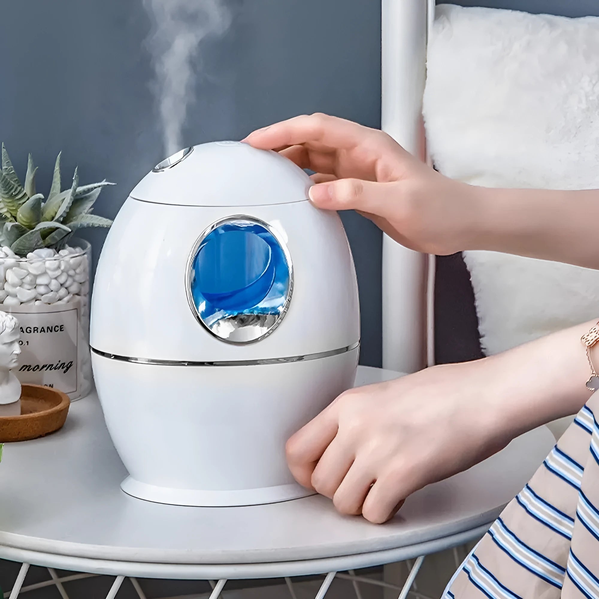 White round aromatherapy humidifier with USB cable and mist spray