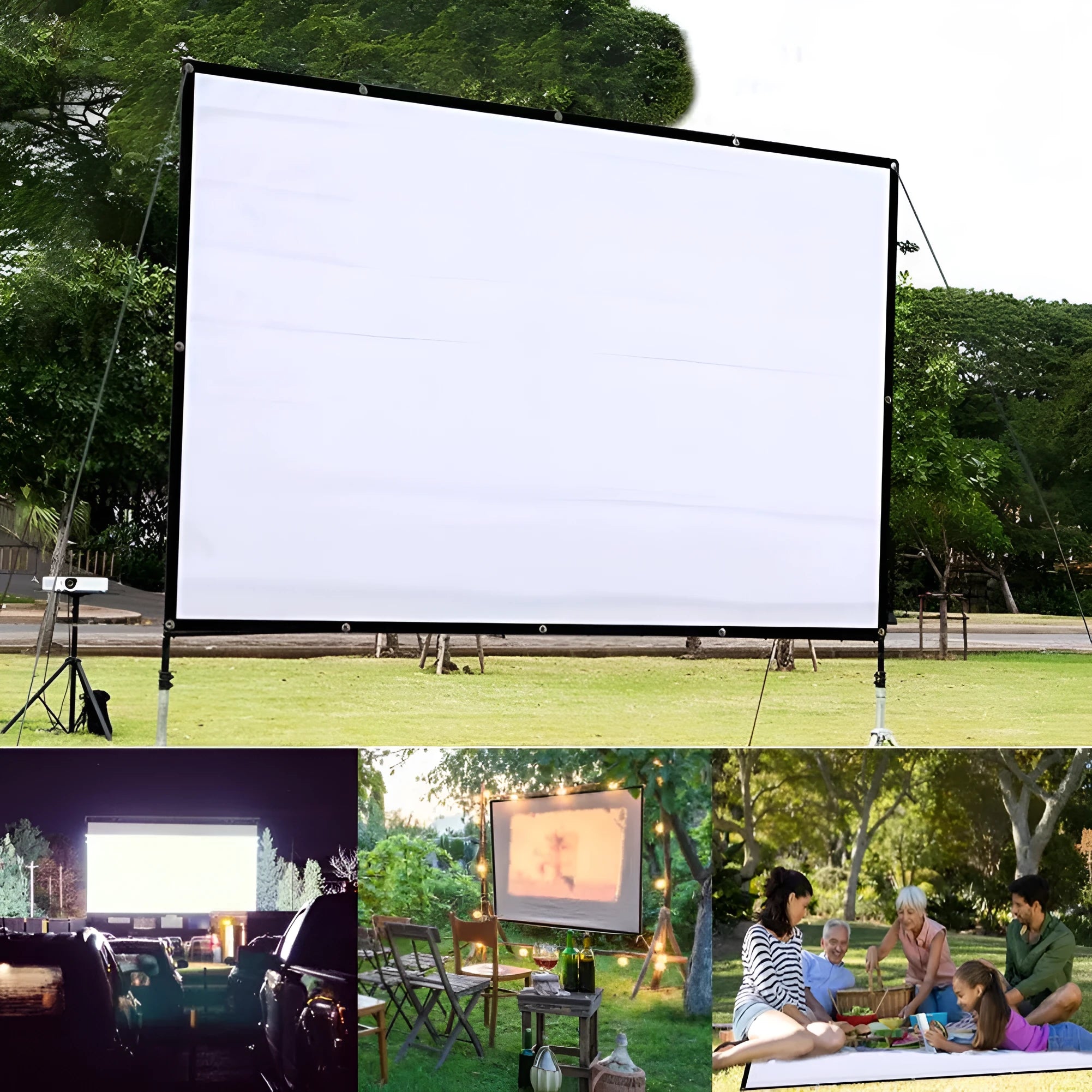 150-inch 4:3 white polyester folding projector screen shown unfolded