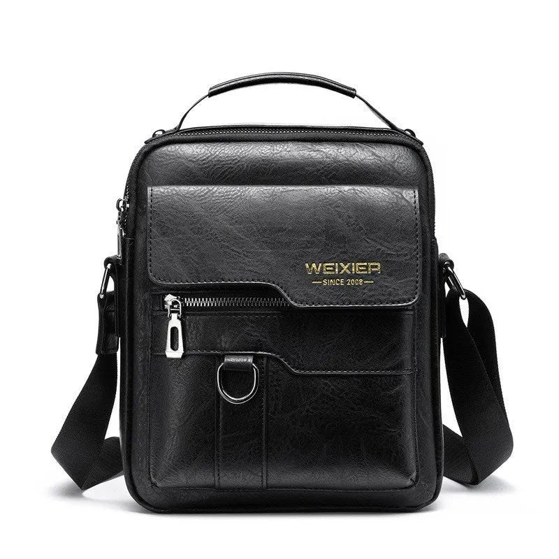 Vintage PU leather vertical business bag with soft handle, zip opening, laptop pocket, 22cm x 8cm x 26cm.