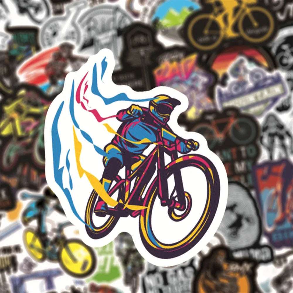 A pack of 50 self-adhesive bicycle doodle stickers for personalising laptops and helmets.