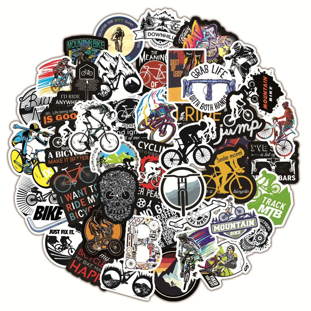 A pack of 50 self-adhesive bicycle doodle stickers for personalising laptops and helmets.