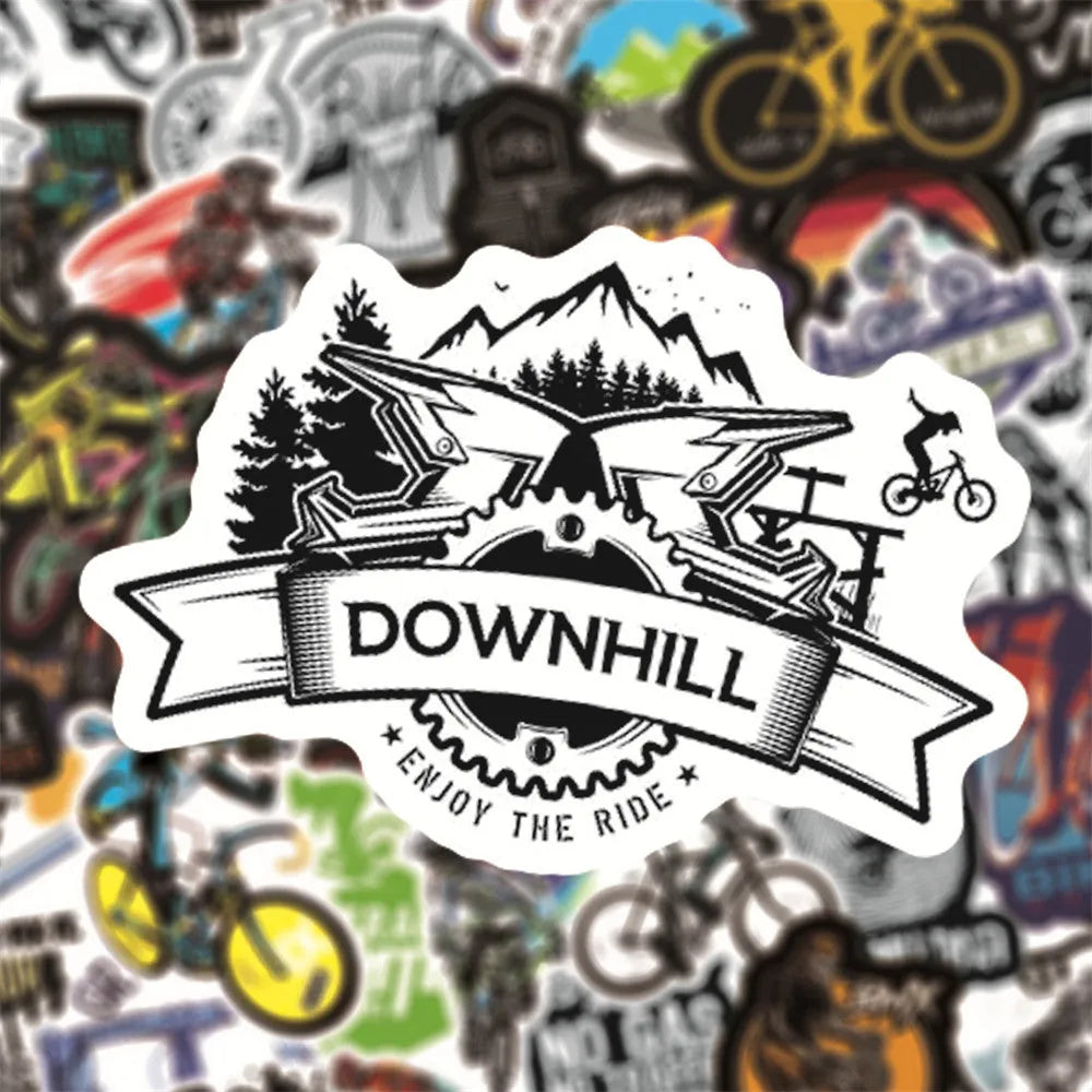 A pack of 50 self-adhesive bicycle doodle stickers for personalising laptops and helmets.