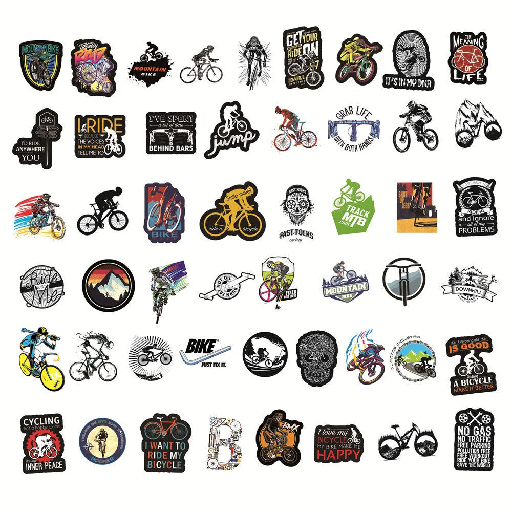 A pack of 50 self-adhesive bicycle doodle stickers for personalising laptops and helmets.