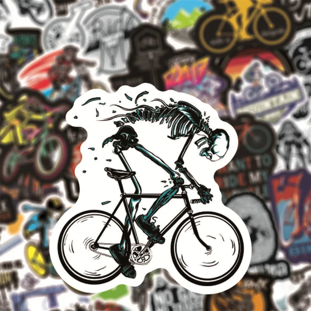A pack of 50 self-adhesive bicycle doodle stickers for personalising laptops and helmets.