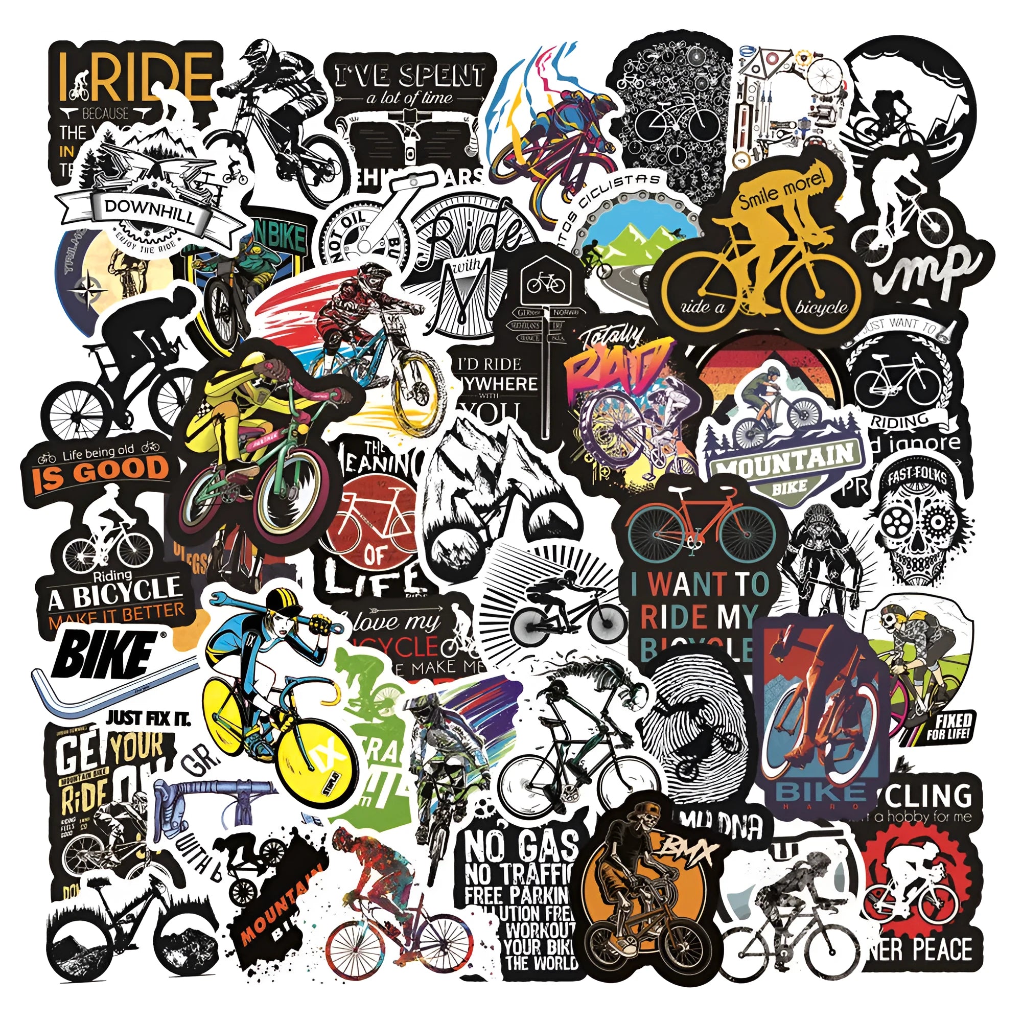 A pack of 50 self-adhesive bicycle doodle stickers for personalising laptops and helmets.