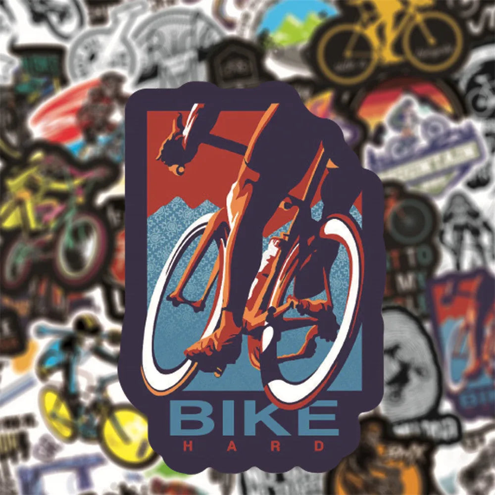A pack of 50 self-adhesive bicycle doodle stickers for personalising laptops and helmets.
