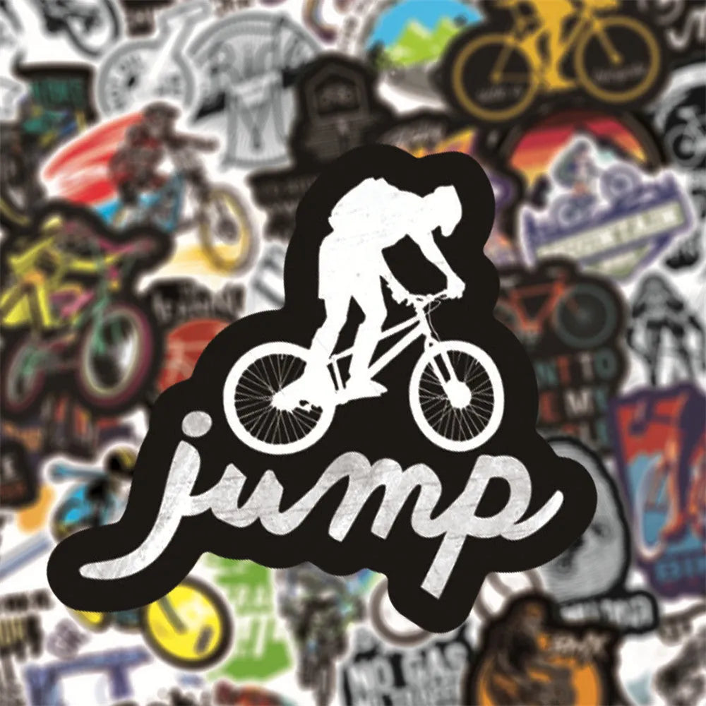 A pack of 50 self-adhesive bicycle doodle stickers for personalising laptops and helmets.