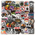 A pack of 50 self-adhesive bicycle doodle stickers for personalising laptops and helmets.