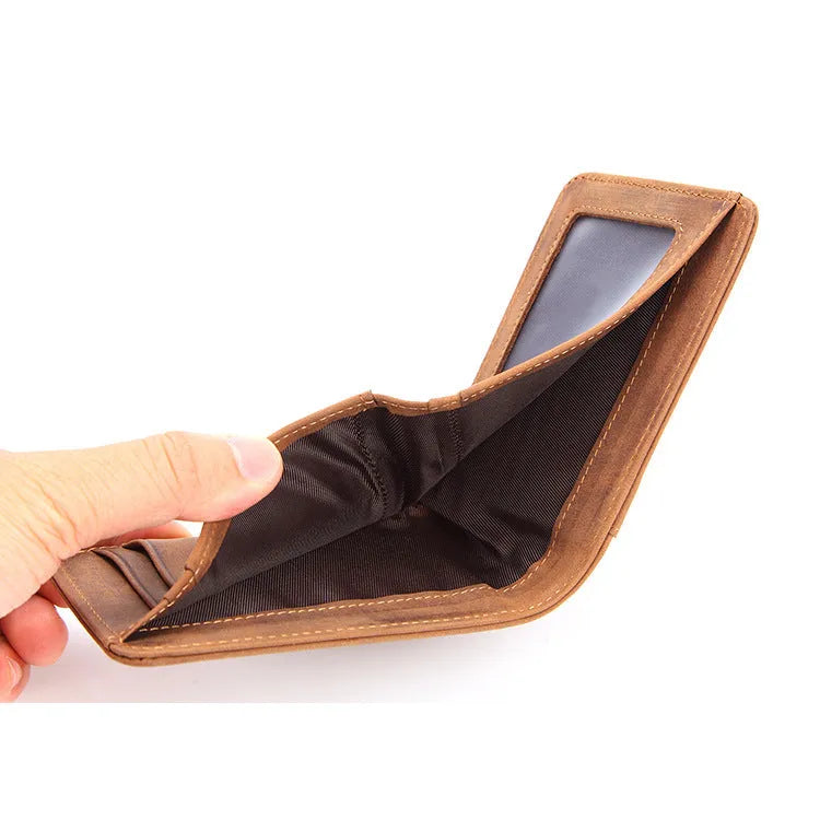 Brown mini men's leather wallet with RFID blocking showing card slots and banknote compartment