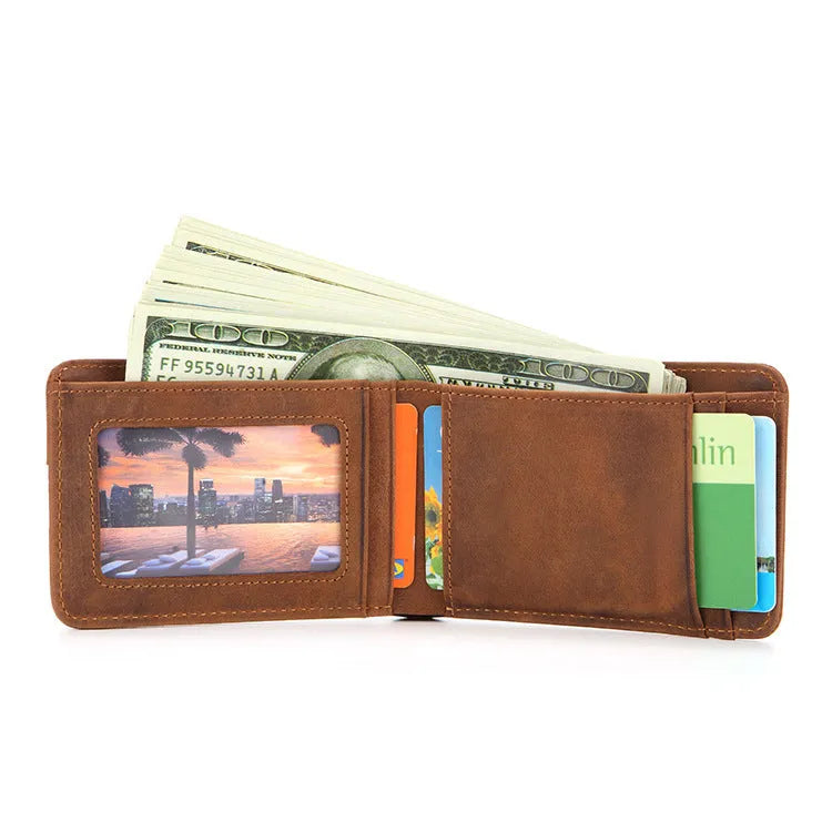 Brown mini men's leather wallet with RFID blocking showing card slots and banknote compartment