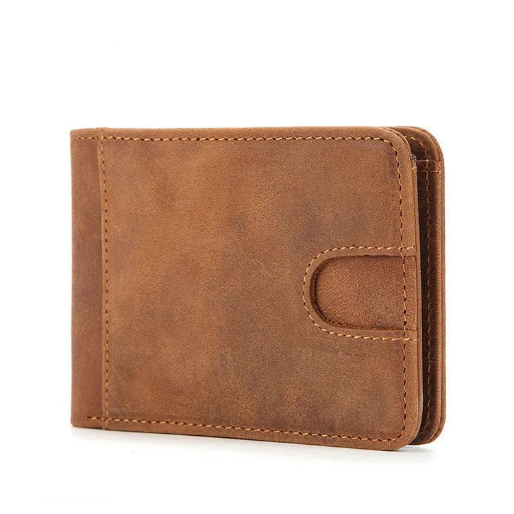 Brown mini men's leather wallet with RFID blocking showing card slots and banknote compartment