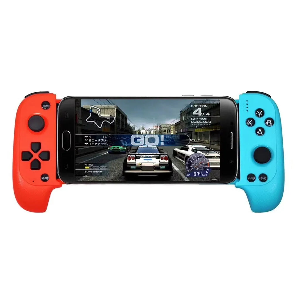 Cytec wireless Bluetooth telescopic game controller extended with phone, in black and red blue colours.