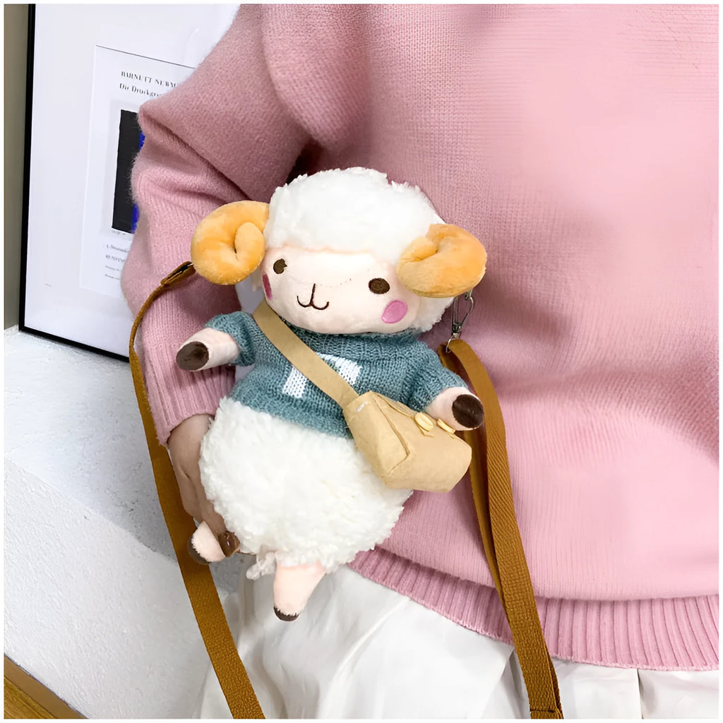 Little Sheep women's plush crossbody messenger bag small square shape blue colour