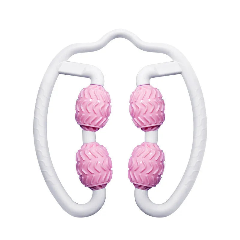 Purple and pink silicone annular leg massage roller for calf and foot muscle recovery