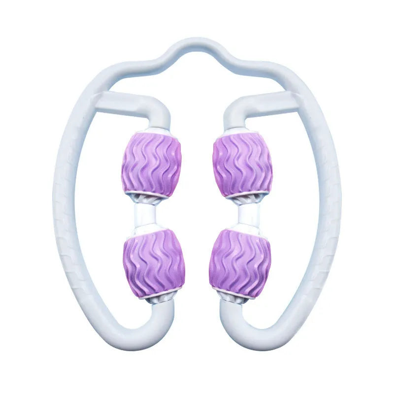 Purple and pink silicone annular leg massage roller for calf and foot muscle recovery