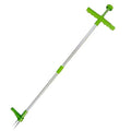 Creative manual weeding tool with aluminium handle and plastic head on garden soil.
