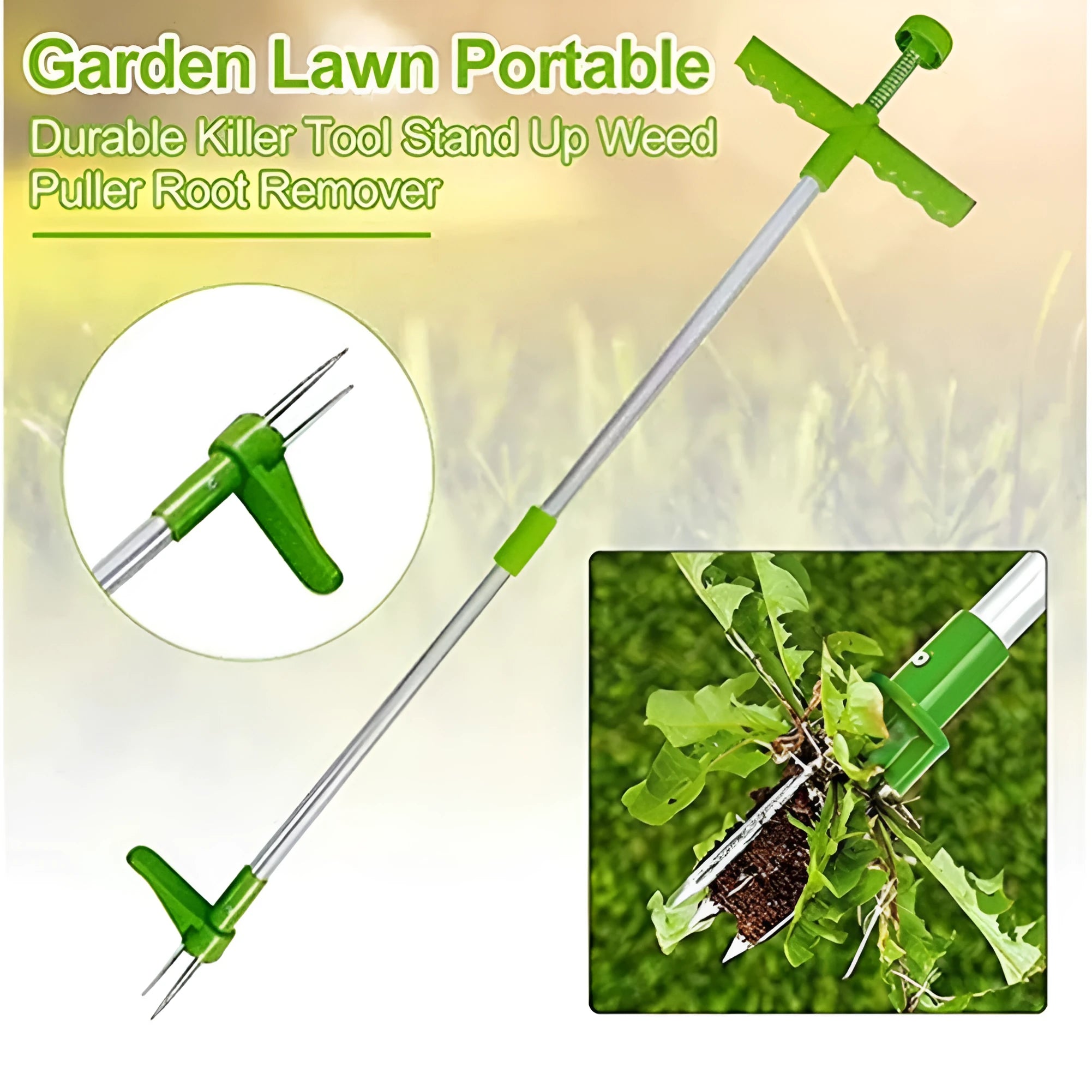 Creative manual weeding tool with aluminium handle and plastic head on garden soil.
