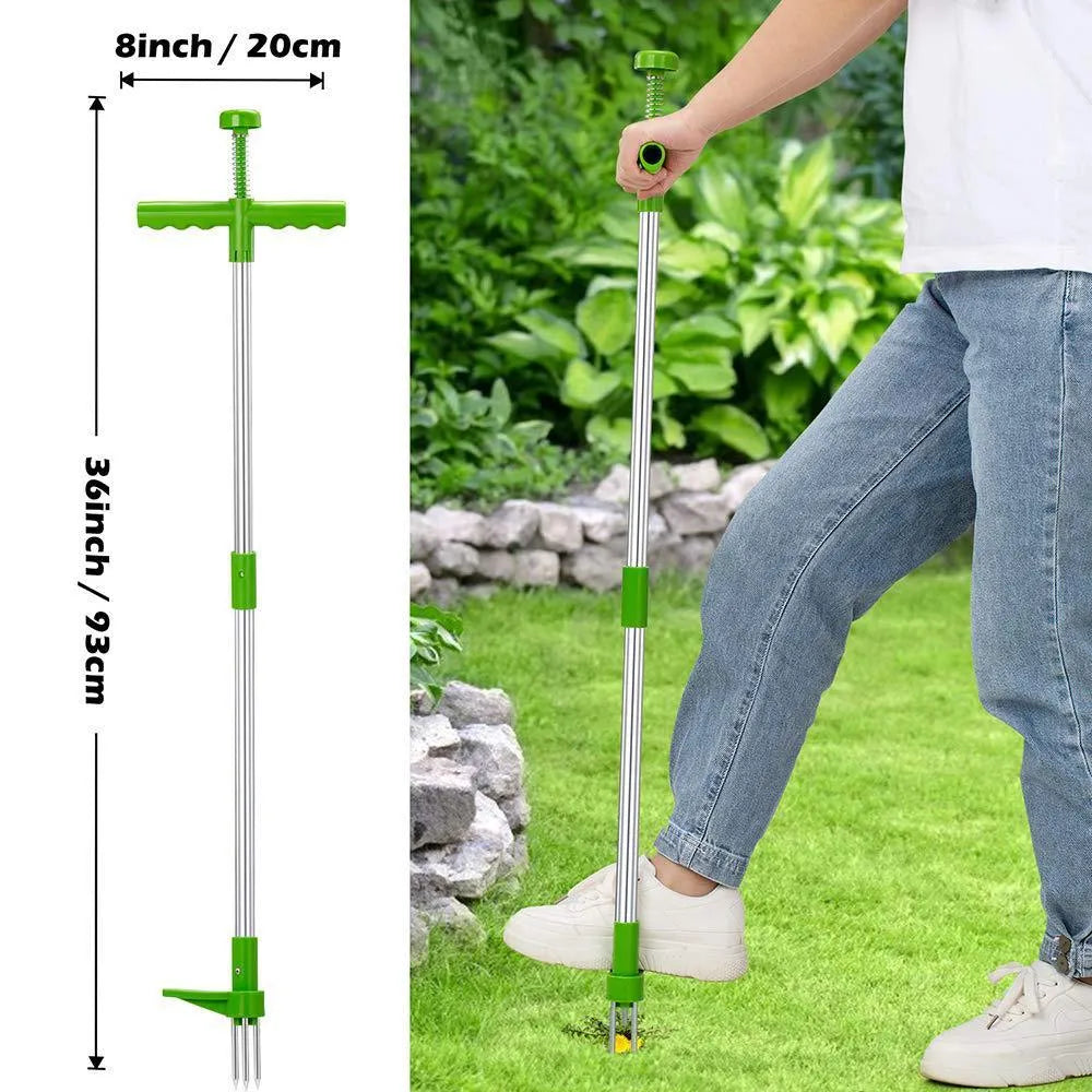 Creative manual weeding tool with aluminium handle and plastic head on garden soil.