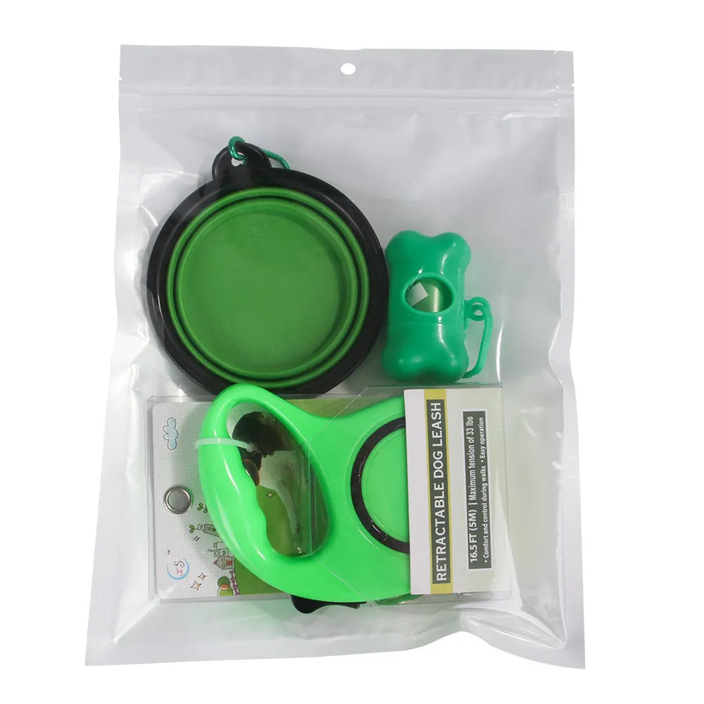 Dog traction rope and folding dog bowl set in PP, available in blue or green
