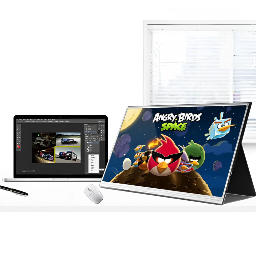 Zeuslap 15-inch portable external monitor with cables on a table