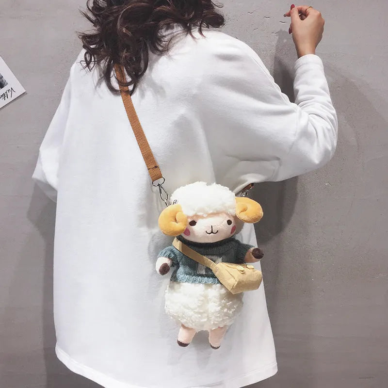 Little Sheep women's plush crossbody messenger bag small square shape blue colour