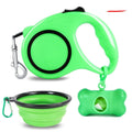 Dog traction rope and folding dog bowl set in PP, available in blue or green
