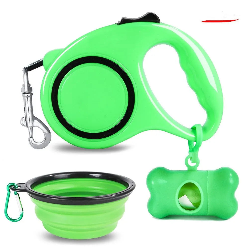Dog traction rope and folding dog bowl set in PP, available in blue or green