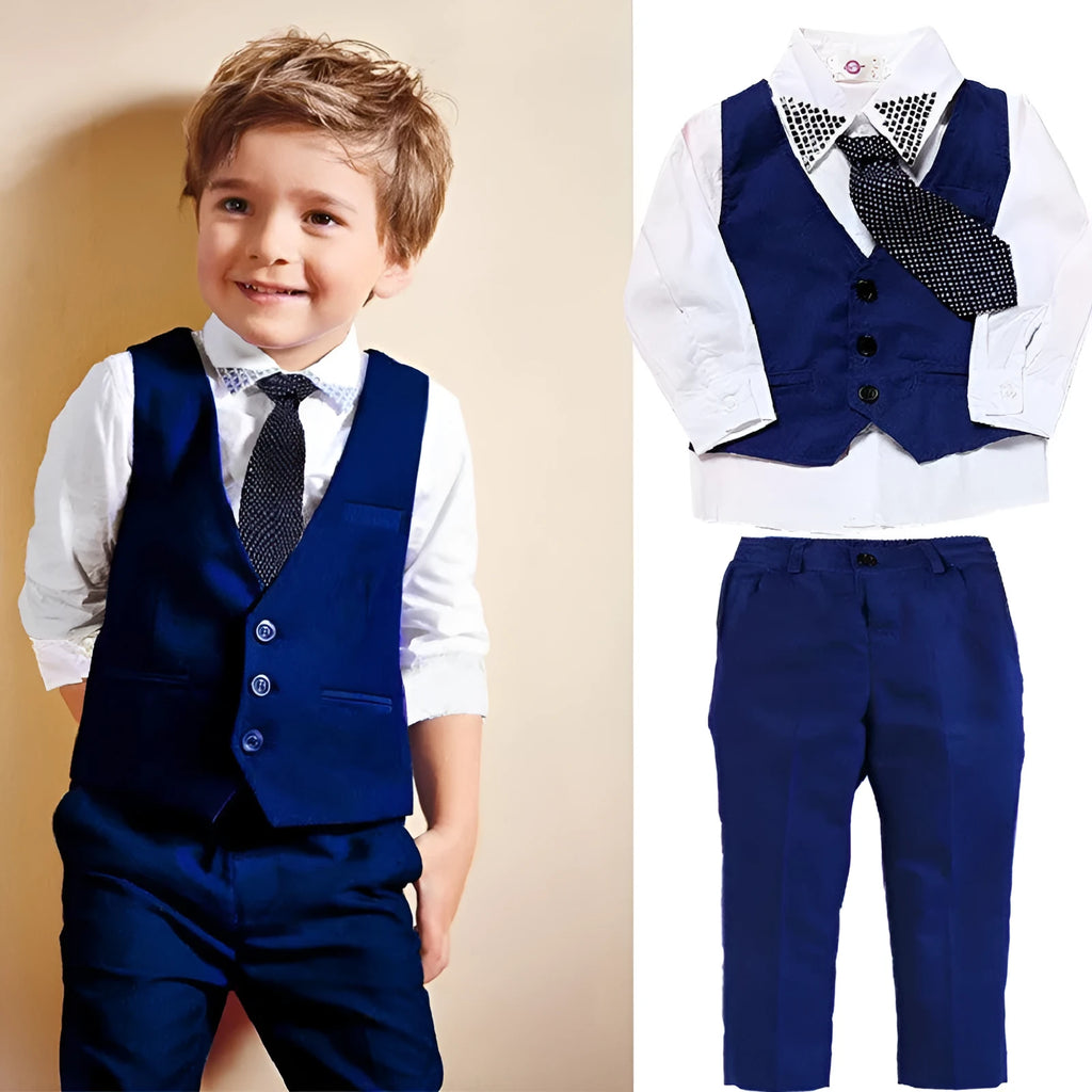 Boys' casual suit set with turtleneck, vest, tie, and trousers in cotton blend fabric