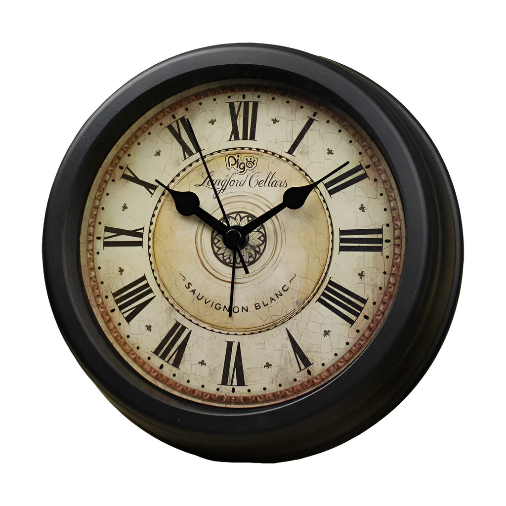 European retro style 6-inch round desk clock with silent alarm on wooden surface