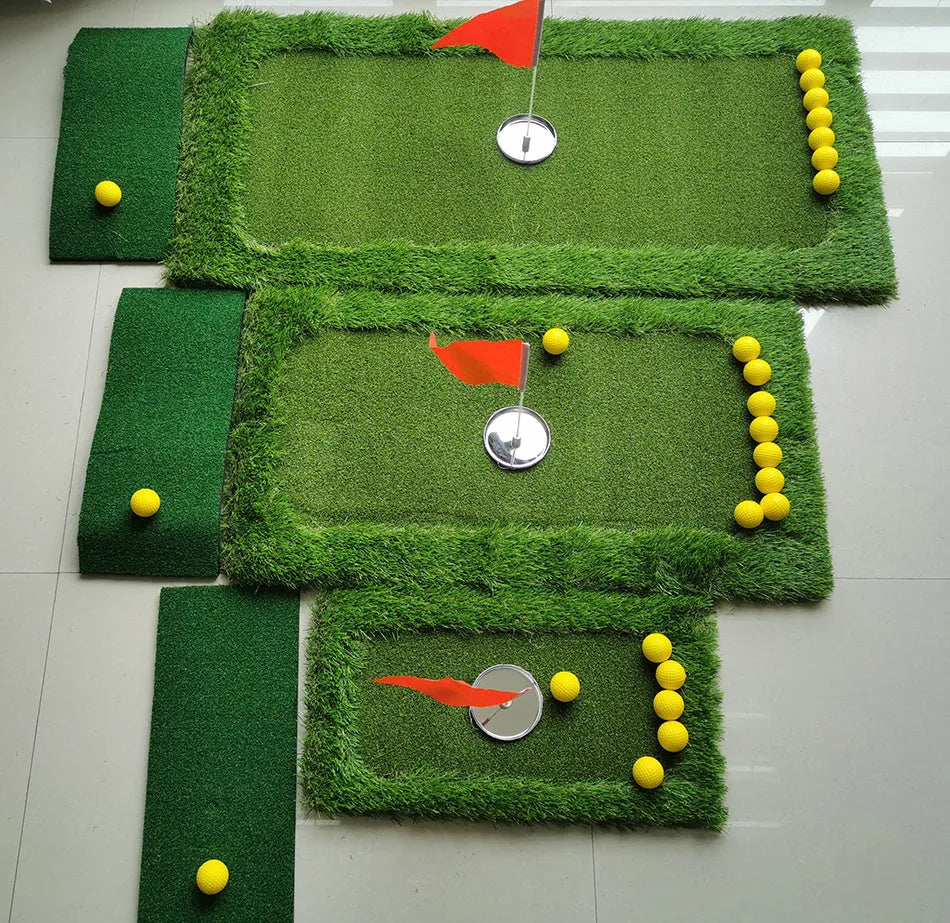 Green golf training mat on a patio, showing PP grass texture and thick EVA foam base edge, with a golf club and ball placed on it.