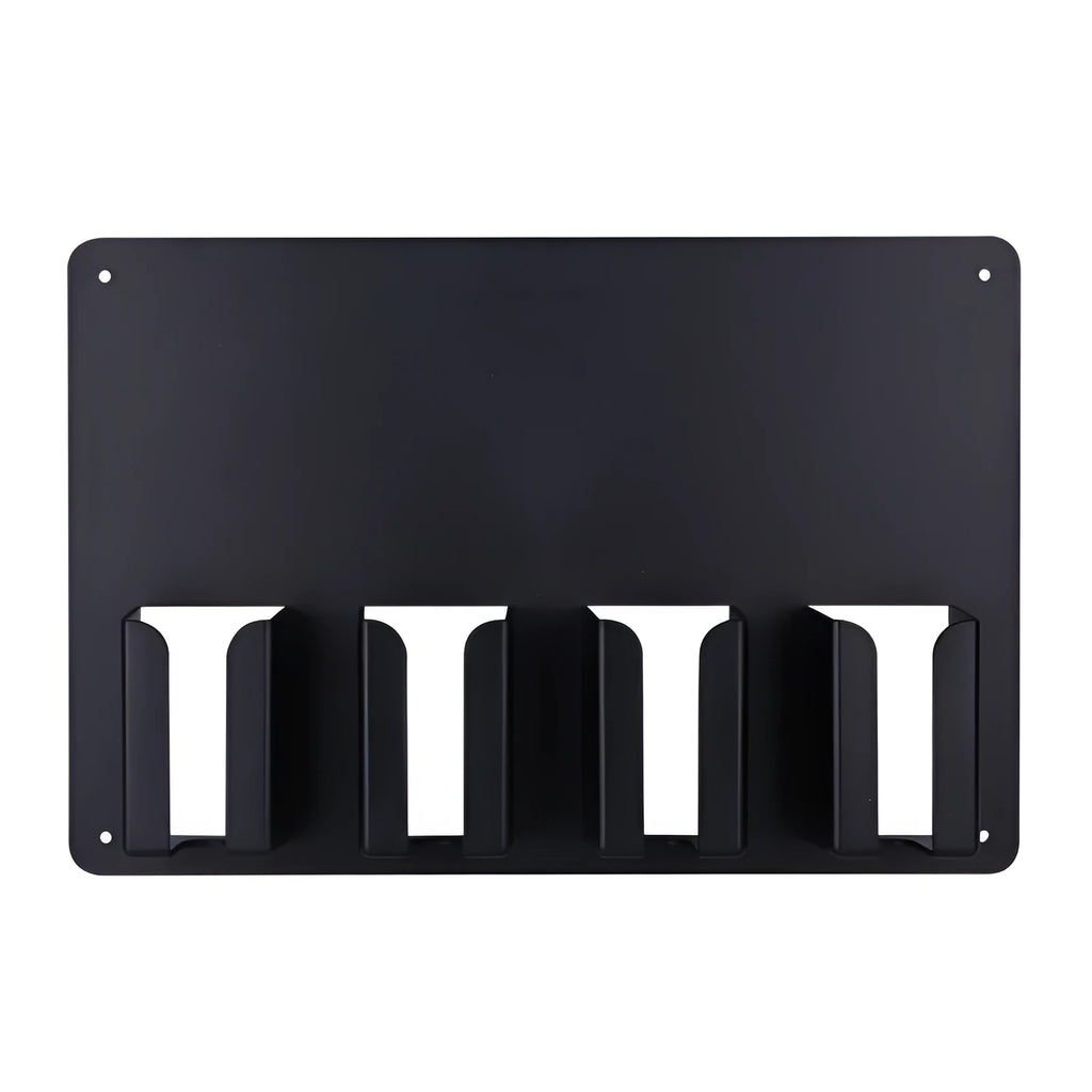Black plastic wall-mounted frame holding four hair clippers