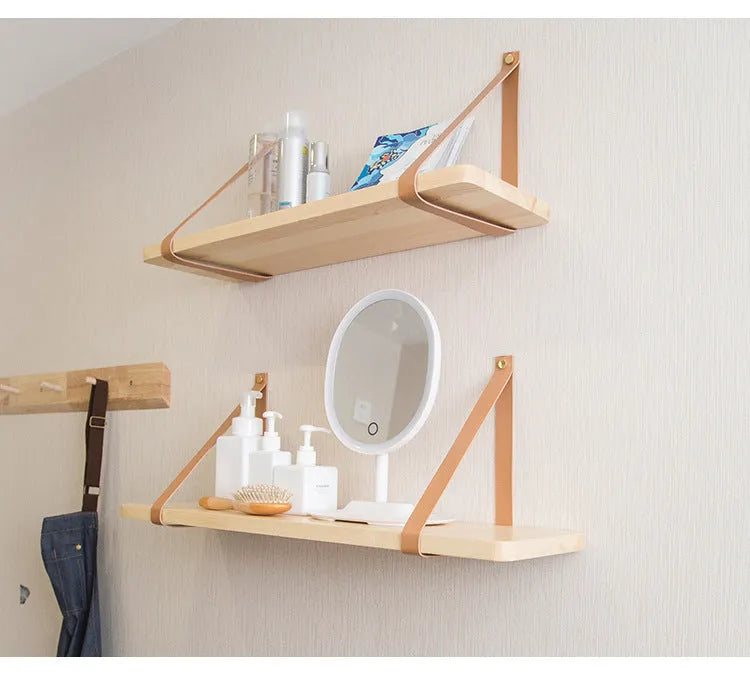Natural pine wood wall storage rack with Nordic design measuring 50cm wide by 16cm deep