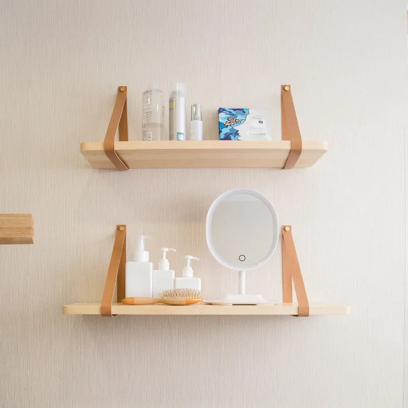Natural pine wood wall storage rack with Nordic design measuring 50cm wide by 16cm deep