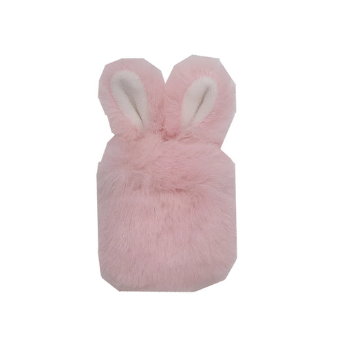 Pink silicone AirPods protective case with plush rabbit ears on charging case