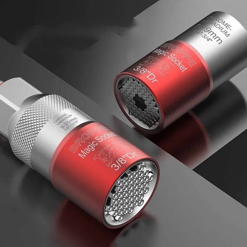 Red universal socket set with 7-19mm and 9-21mm metric adapters for electric screw wrench