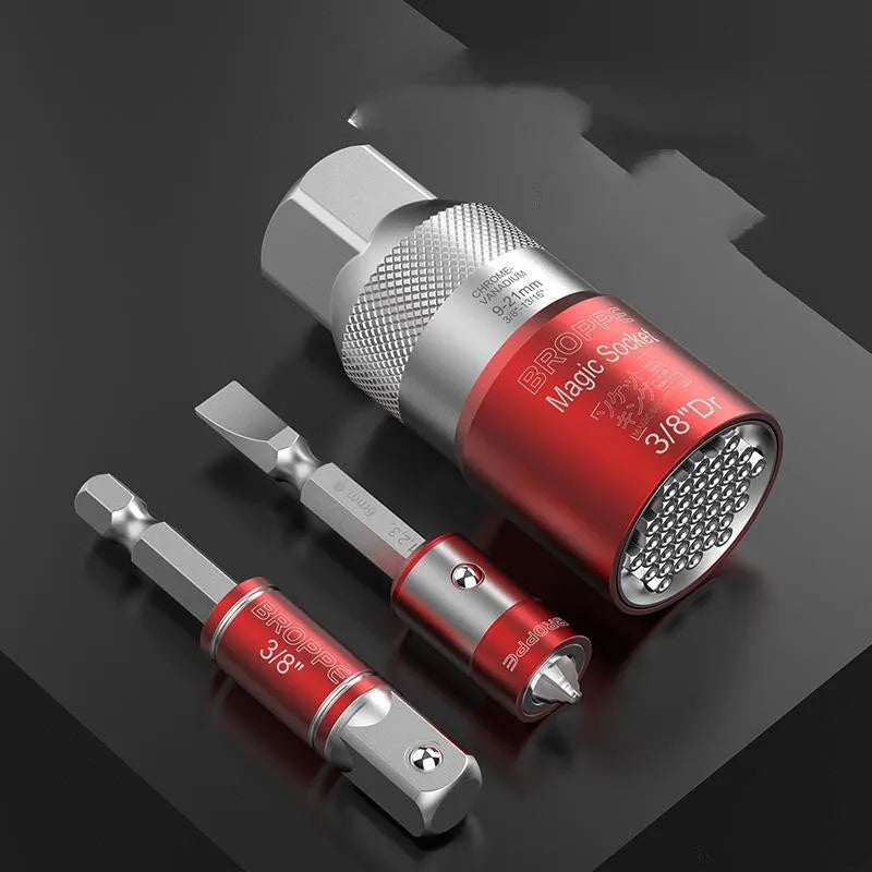 Red universal socket set with 7-19mm and 9-21mm metric adapters for electric screw wrench
