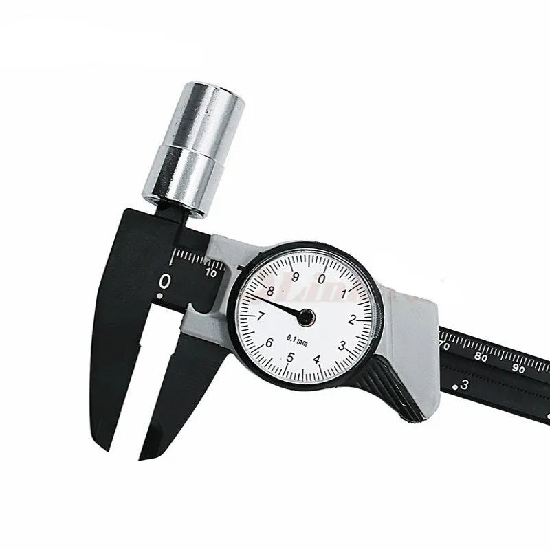 Black and white plastic vernier caliper showing 0-150mm measurement range with straightedge design