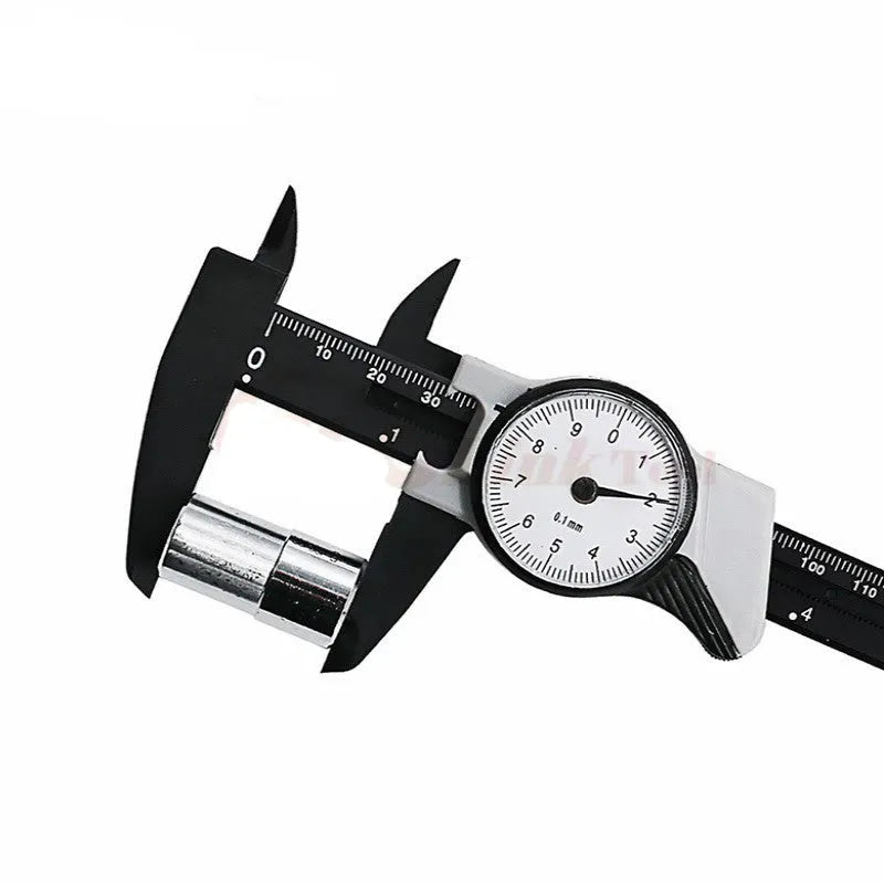 Black and white plastic vernier caliper showing 0-150mm measurement range with straightedge design