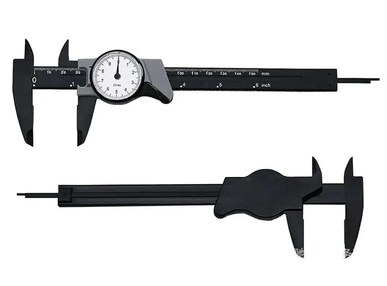 Black and white plastic vernier caliper showing 0-150mm measurement range with straightedge design