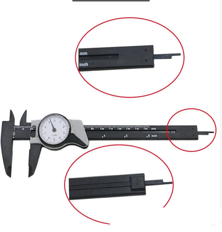 Black and white plastic vernier caliper showing 0-150mm measurement range with straightedge design